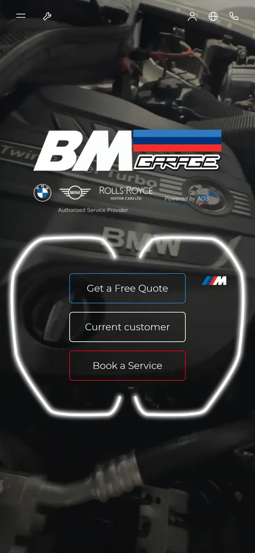 bmgarage.com.au på en telefon: logotypen och märkena ovanför ett upplyst galler som håller knappar för en gratis offert, nuvarande kunder och bokning.