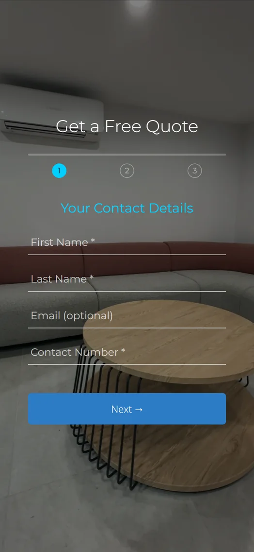 Formuläret för gratis offert på en telefon, steg ett av tre.