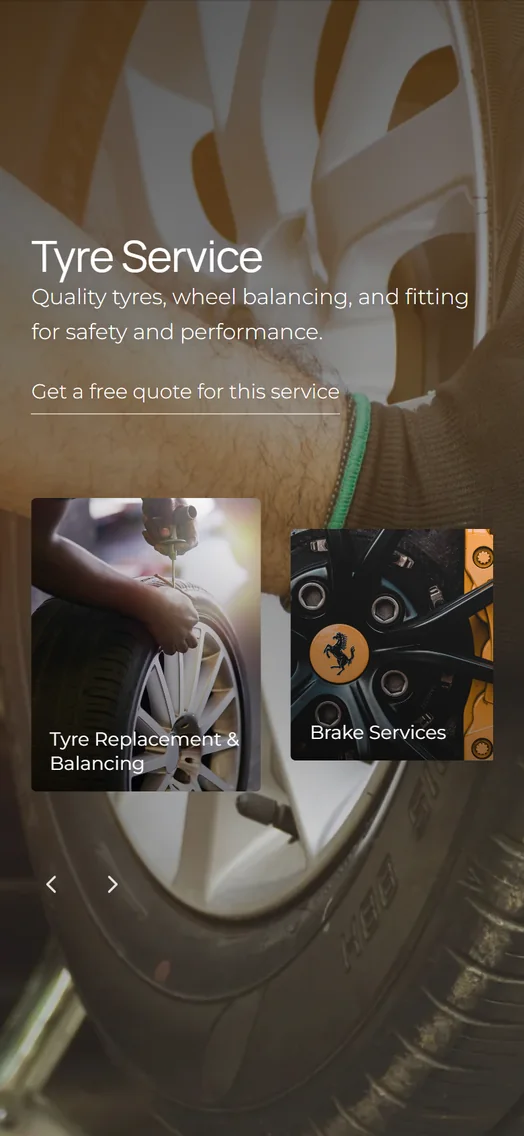Tjänster på en telefon: däckservice, med kort för däck och bromsar.