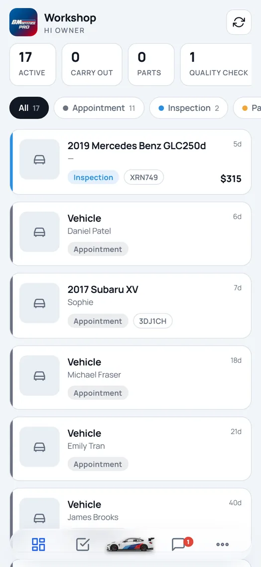 BM Garage Pro verkstadsöversikt: varje bil med dess kund, status och offert.