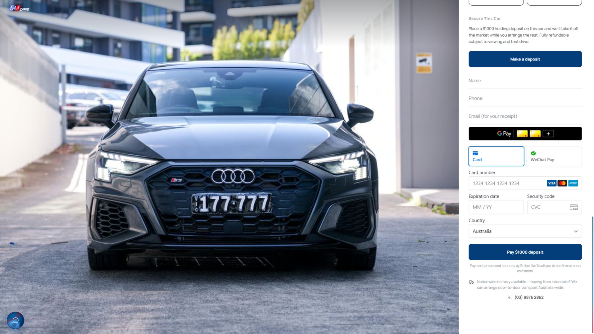 Sidan för 2022 Audi S3 med insättningsformuläret öppet: namn, telefon och e-post, en Google Pay-knapp, sedan Stripes kort- och WeChat Pay-alternativ, och en knapp för att betala en reservationsavgift på 1000 dollar.