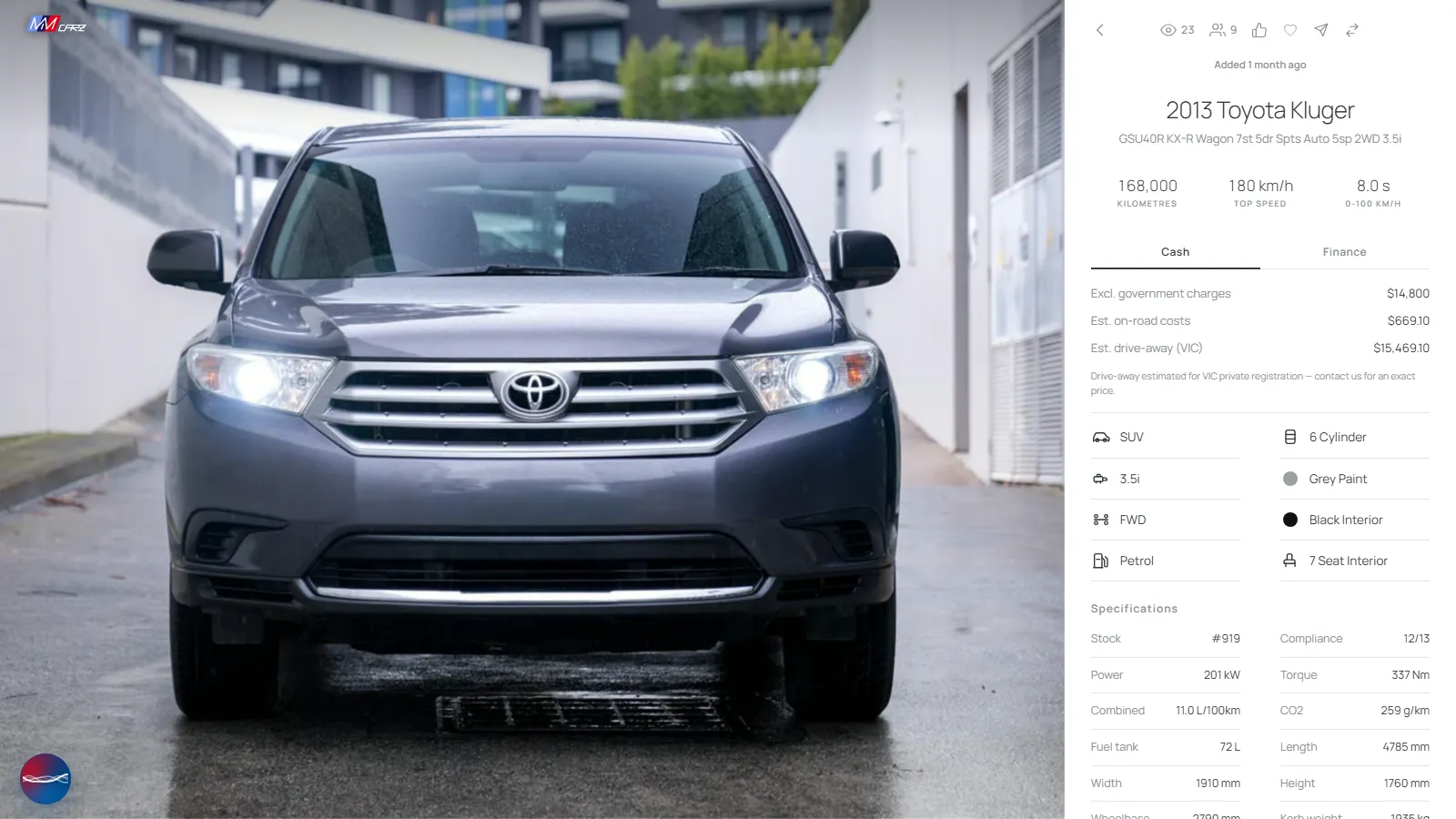 En bils sida: en 2013 Toyota Kluger med dess pris, vägkostnader och specifikationer.