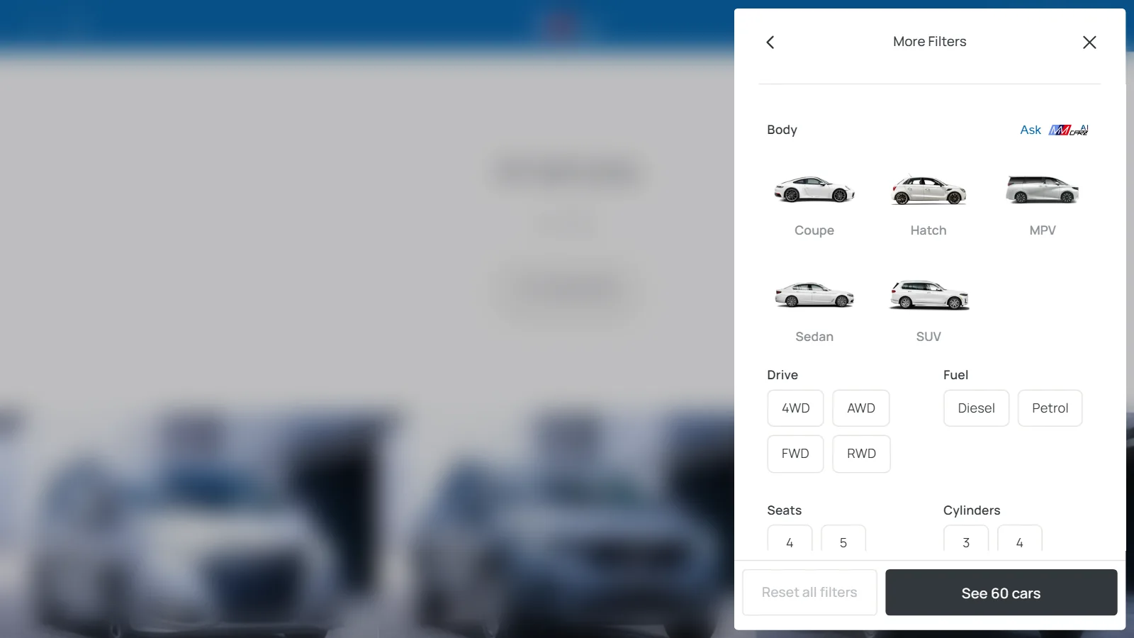Lagersidan med Filter & Sortera-lådan öppen vid Fler filter: karosstyper med en bild av varje, sedan drivning, bränsle, säten och cylindrar, och en knapp för att se bilarna.