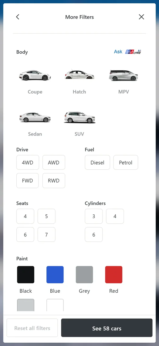 Filtret och sorteringslådan på en telefon, vid Fler filter: karosstyper, drivning, bränsle, säten, cylindrar och lack.